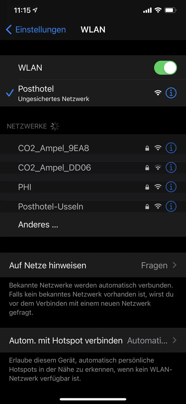 Bildschirmfoto: WLAN „PHI“ auswählen